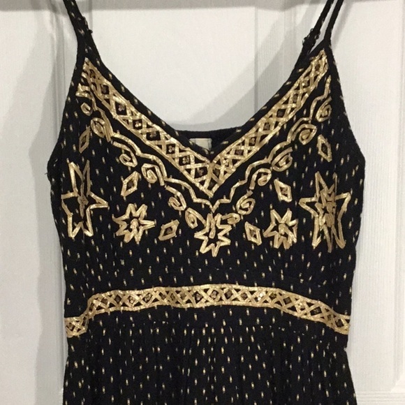 RAGA Black Cotton Gold Sequin Embroidered Maxi Dress Festival XS - Picture 4 of 16